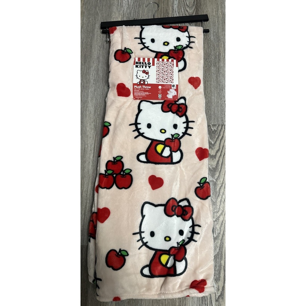 Hello Kitty Plush Throw Blanket 50"x70" Cherries Hearts Pink Red White NEW